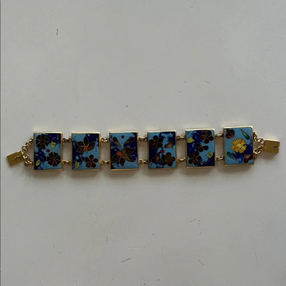 Vintage panel enamel cloisonné turquoise blue gold bracelet - Picture 13 of 17